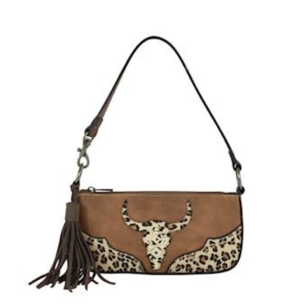 NEW Catchfly Women's Brown Steer Head Shoulder Bag w/Tassel & Leopard Accents